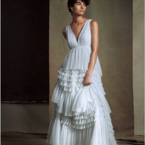 BHLDN Anthropologie Tinka Tiered tulle wedding gown light blue with train